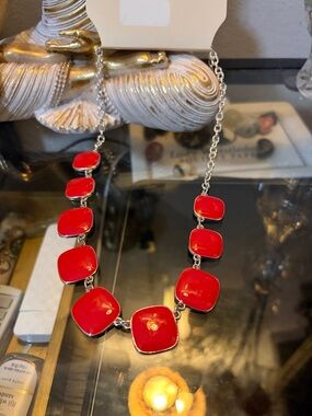 LOFT Red Link Necklace with Glossy Square Cabochons